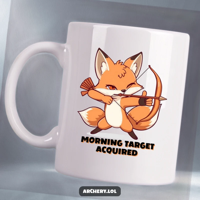 Funny mug with a winking fox in a dynamic archery pose, ready to take a precise shot.