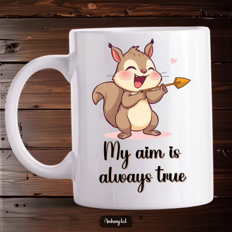 Funny mug of a giggling squirrel playfully releasing an arrow with pure unadulterated joy, perfect for a humorous gift.