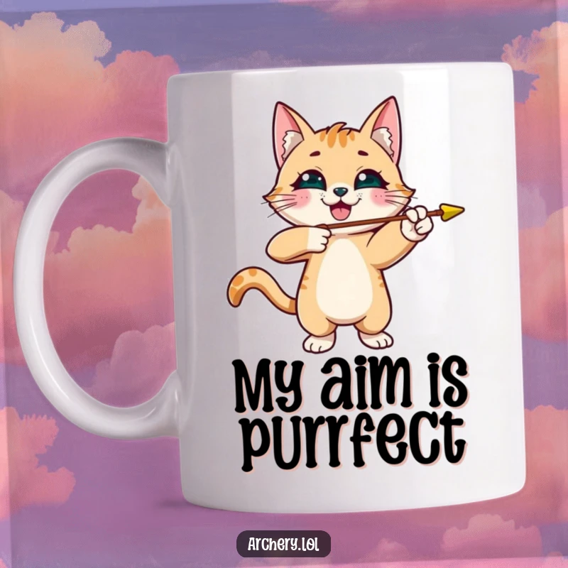 Funny cat archer mug featuring a smiling cat playfully aiming an arrow, ideal for a humorous coffee break gift.
