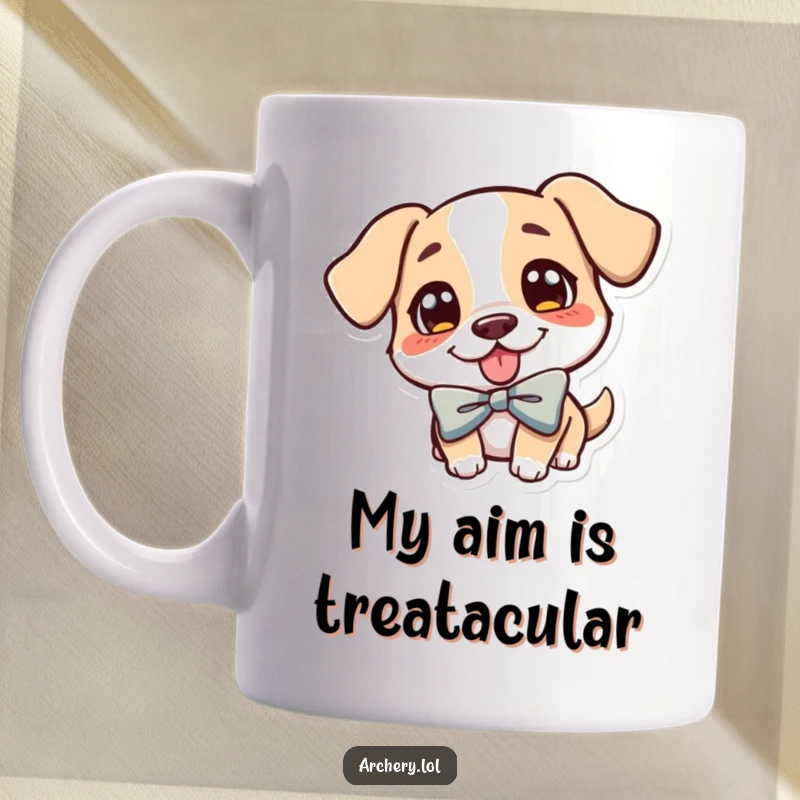 Funny Dog Archer Mug featuring a cheerful dog with its tongue out, aiming a bow, ready for action.
