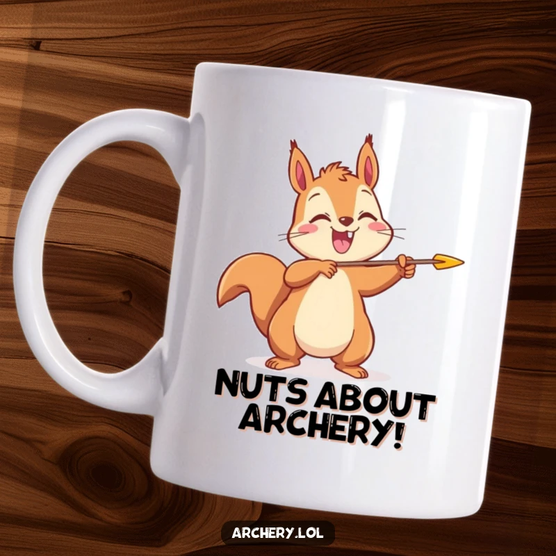 Funny Squirrel Archer Mug: A joyful squirrel releases an arrow with a grin, perfect for a humorous gift.
