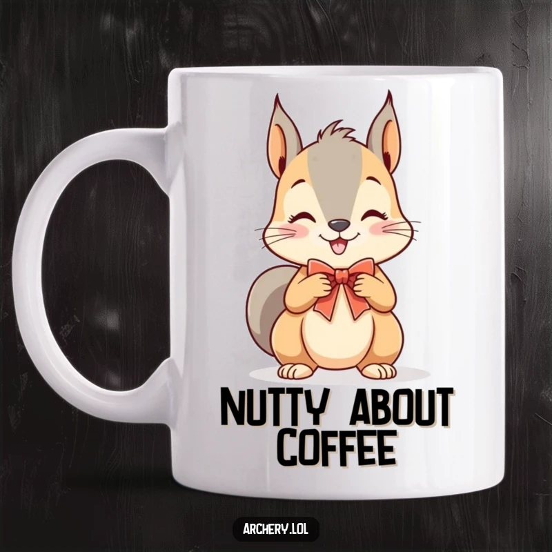 Funny Squirrel Archer Mug featuring a playful squirrel grinning widely as it draws back a tiny bow and arrow.