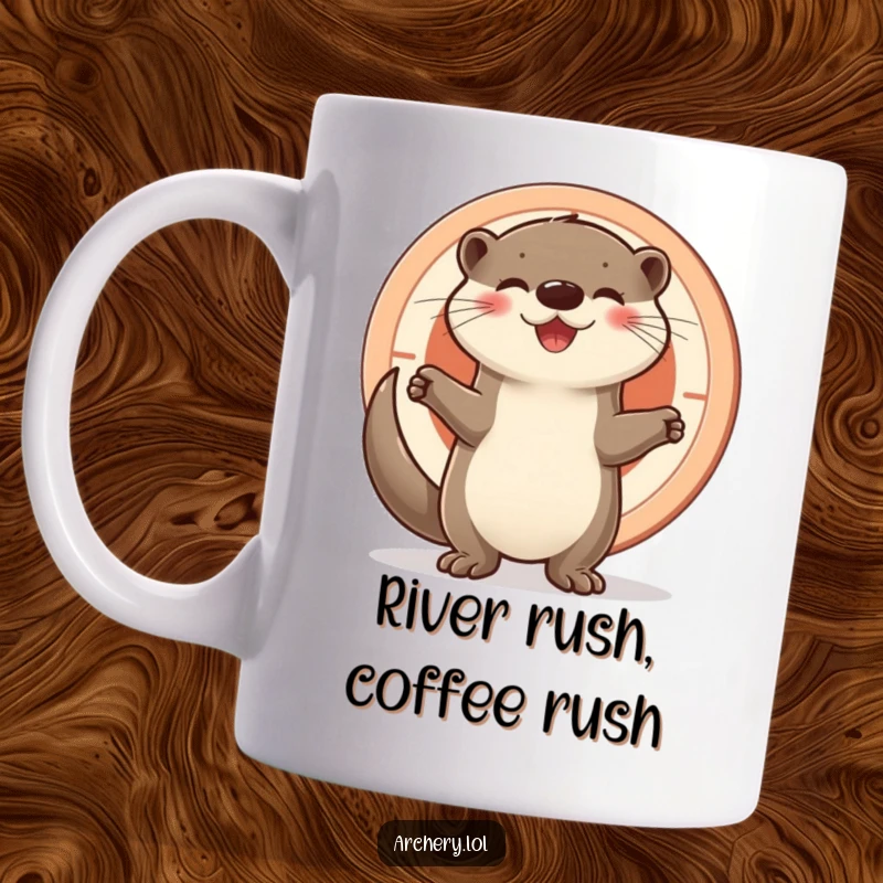 Funny otter mug, a joyful animal standing proudly beside a target, celebrating success with a happy and playful expression.