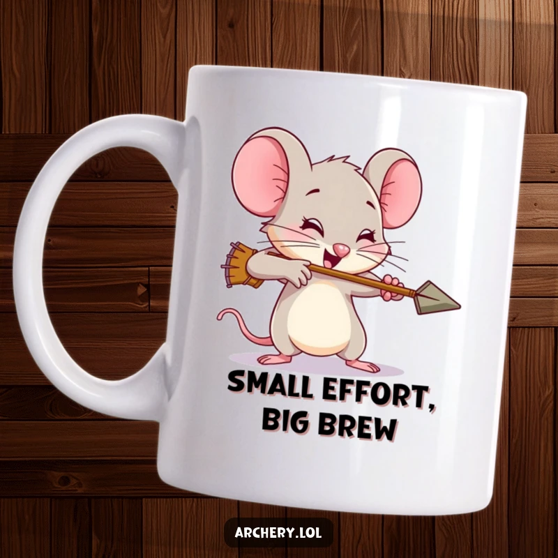 Funny mouse mug, a brave rodent shooting an arrow with exaggerated effort and determination, showcasing immense, comical power.