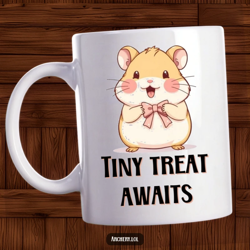 Funny mug with a beaming hamster carefully drawing a very small, exquisite bow, showcasing its artistic joy.