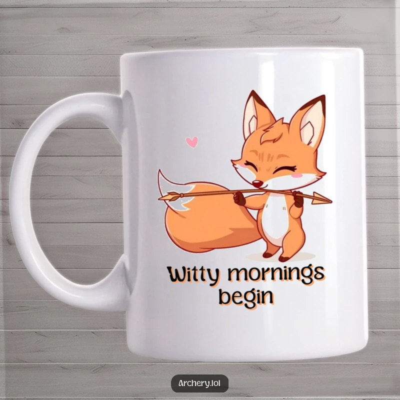 Funny Mischievous Fox Archer Mug: A sly fox winks as it shoots an arrow, embodying playful trickery.