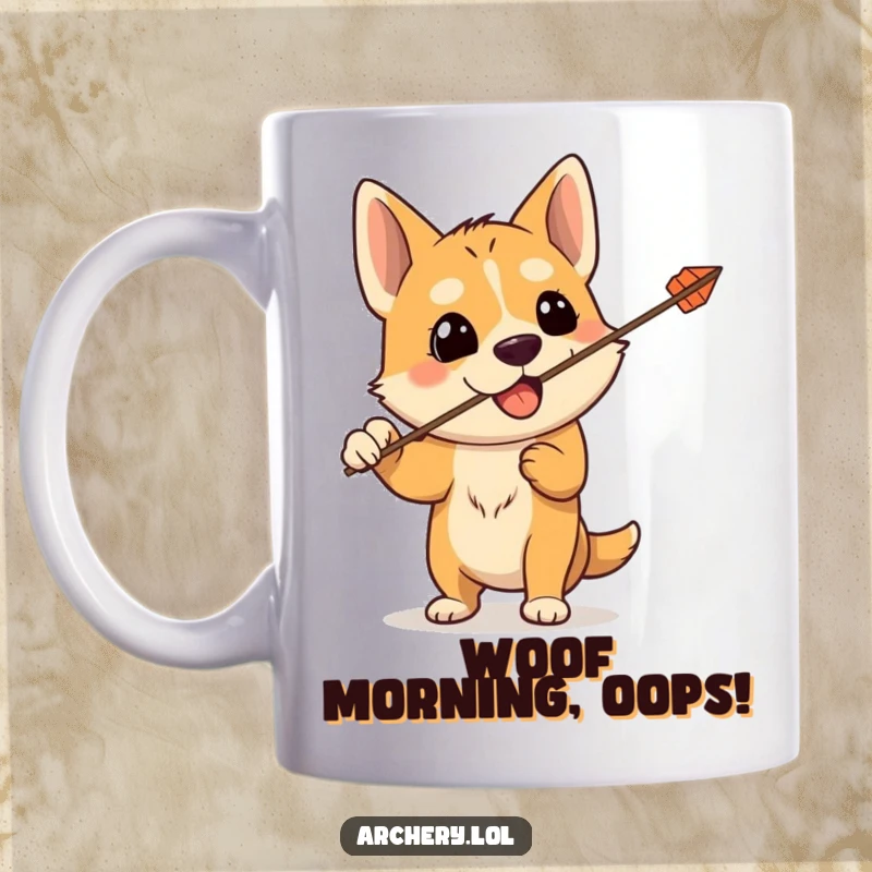 Funny mug with a silly dog accidentally firing an arrow straight up into the air, a chaotic and humorous pet Archer moment.
