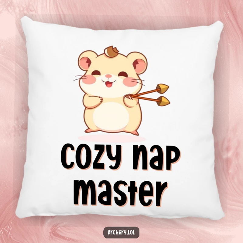 Funny hamster pillow with a happy hamster shooting a miniature arrow, perfect for adding cute and humorous decor.