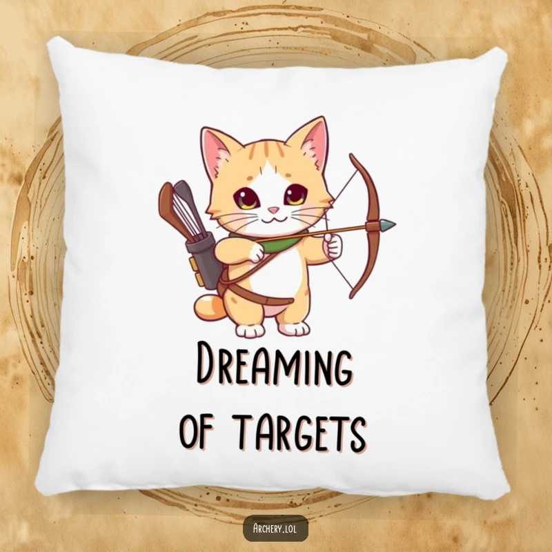 Funny Pillow: A curious cat wearing an archery quiver, looking ready and settled, perfect for relaxation.