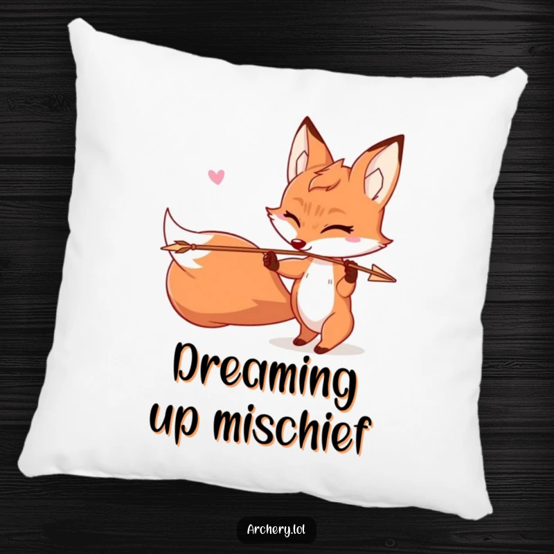 Funny Mischievous Fox Pillow: A sly fox winks while shooting an arrow, featured on a comfortable and humorous accent pillow.