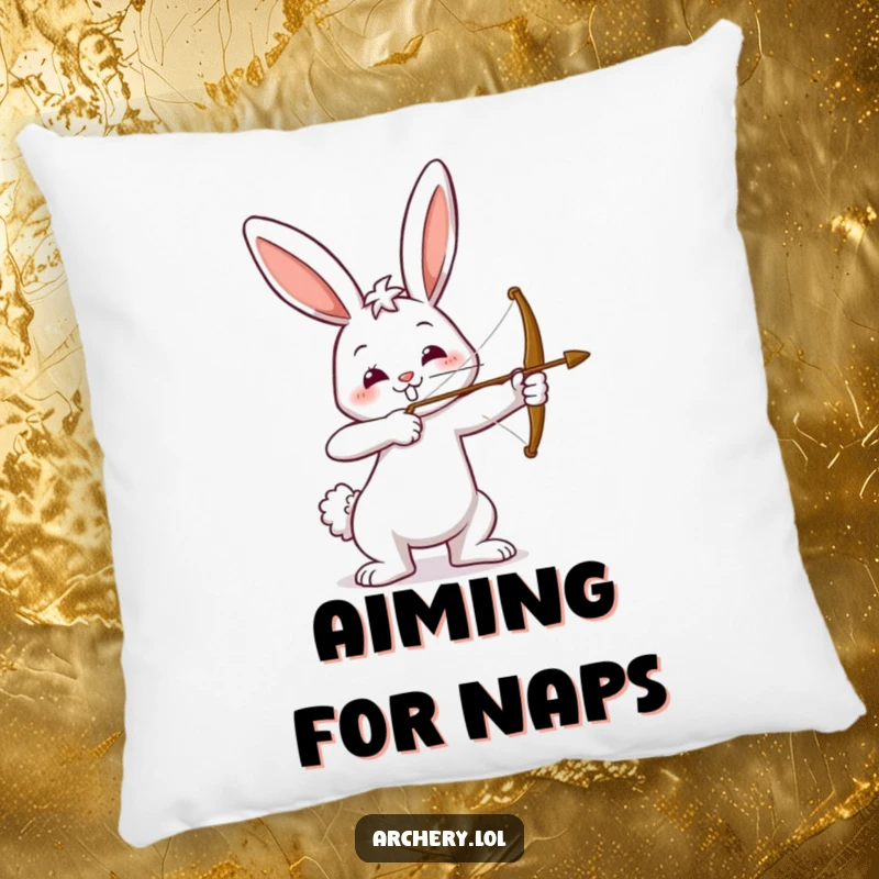 Funny pillow with a happy bunny holding a drawn bow, smiling. Soft and decorative, perfect for adding humor to any room.