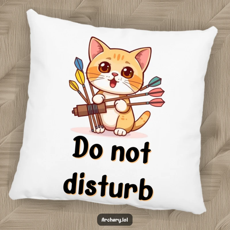 Funny pillow featuring a surprised cat peeking from behind colorful arrows, offering soft comfort and a touch of whimsical humor.