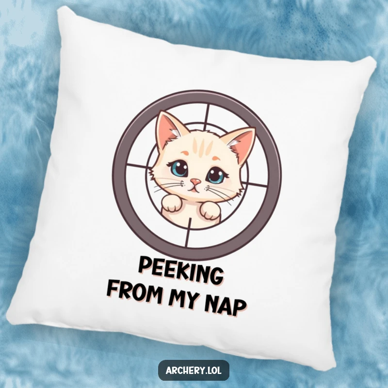 Funny Cat Target Pillow: A soft pillow with a curious cat peeking from behind a target, for humorous decor.