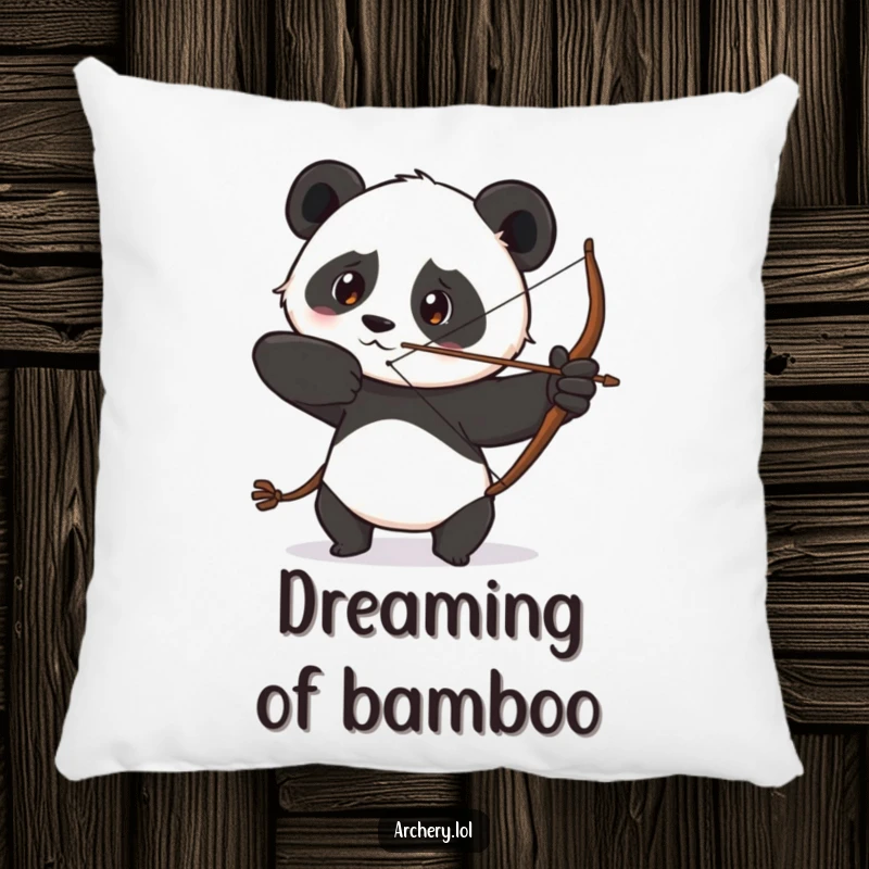 Funny pillow featuring a determined panda with a focused gaze, drawing its bow, offering humorous comfort and serene style.