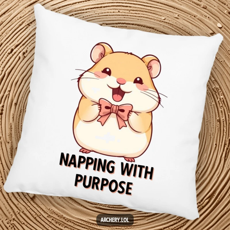 Funny Hamster Archer Pillow: A determined hamster holds a tiny bow, bringing comfort and inspiration to a cozy accent pillow.