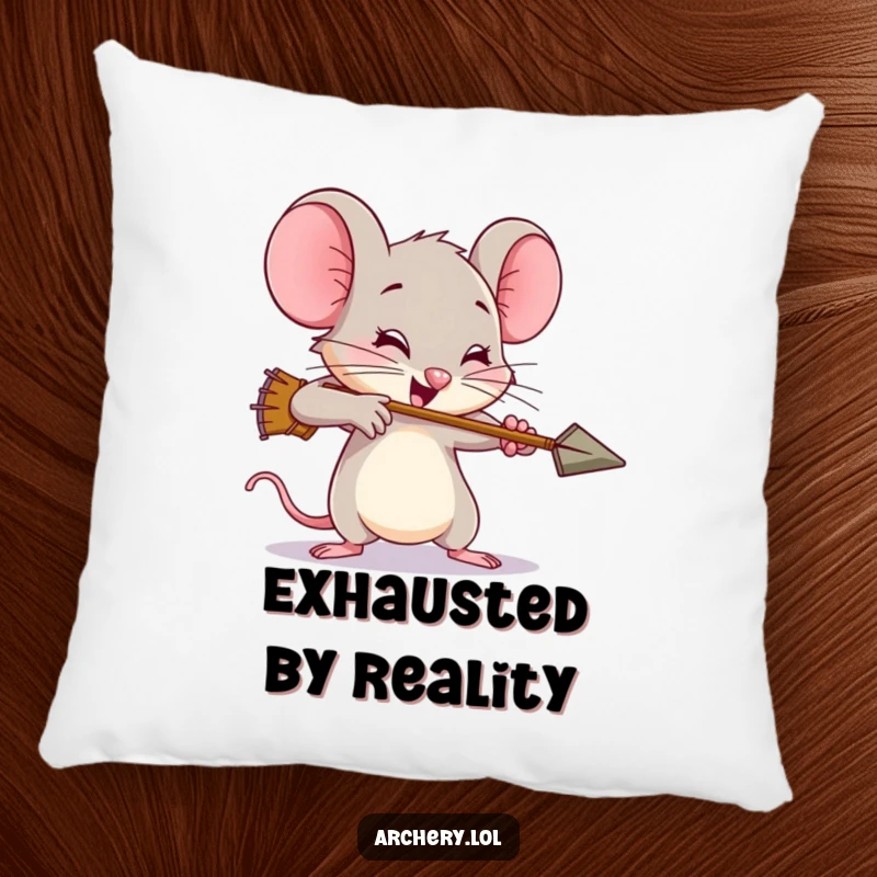 Funny mouse pillow, featuring a brave archer mouse with exaggerated effort, perfect for comfortable reminders of determination.