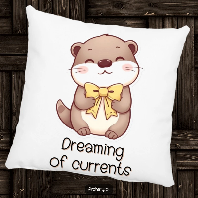 Funny pillow with a serene otter holding a decorative bow, radiating comfort and calm.