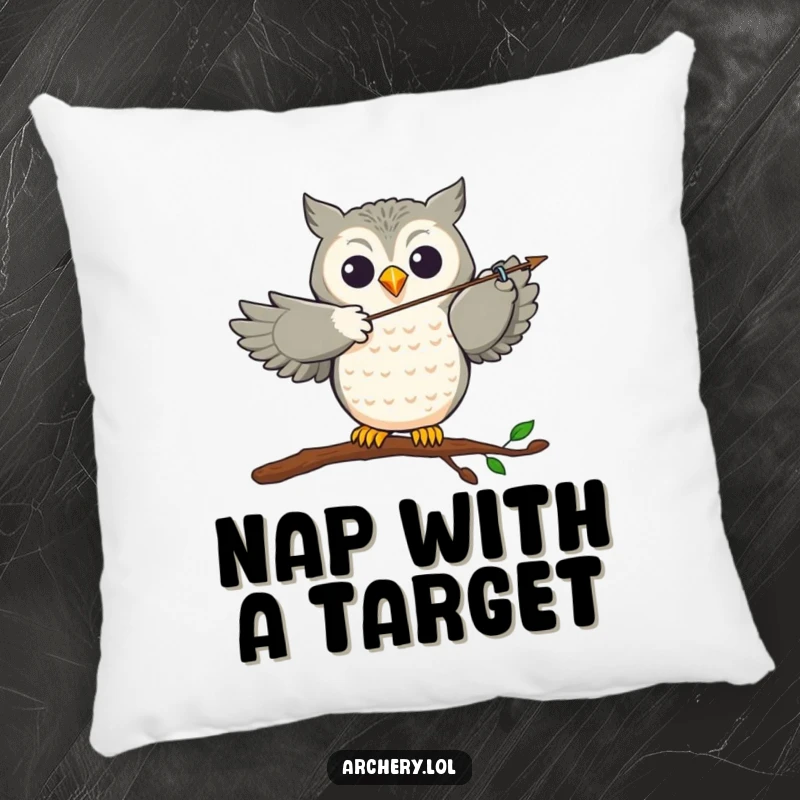 Funny Pillow: A joyful owl perched, aiming an arrow with great accuracy, providing comfort and a humorous touch.