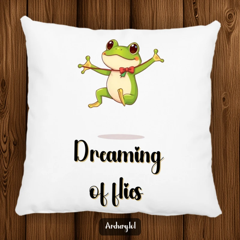 Funny pillow featuring a dynamic frog in mid-bounce, holding a long, floppy bow.