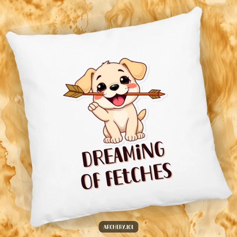 Funny Puppy Archer Pillow: A soft pillow with a delighted puppy catching an arrow, for humorous decor.