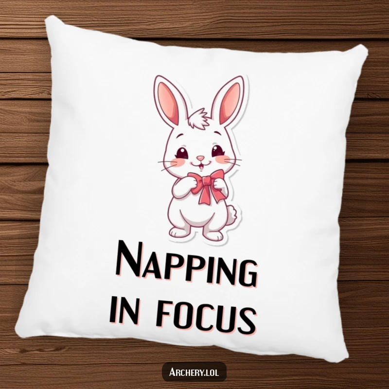 Funny rabbit archer pillow featuring a cheerful bunny with a playful smirk, drawing a bow, perfect for cozy decor.
