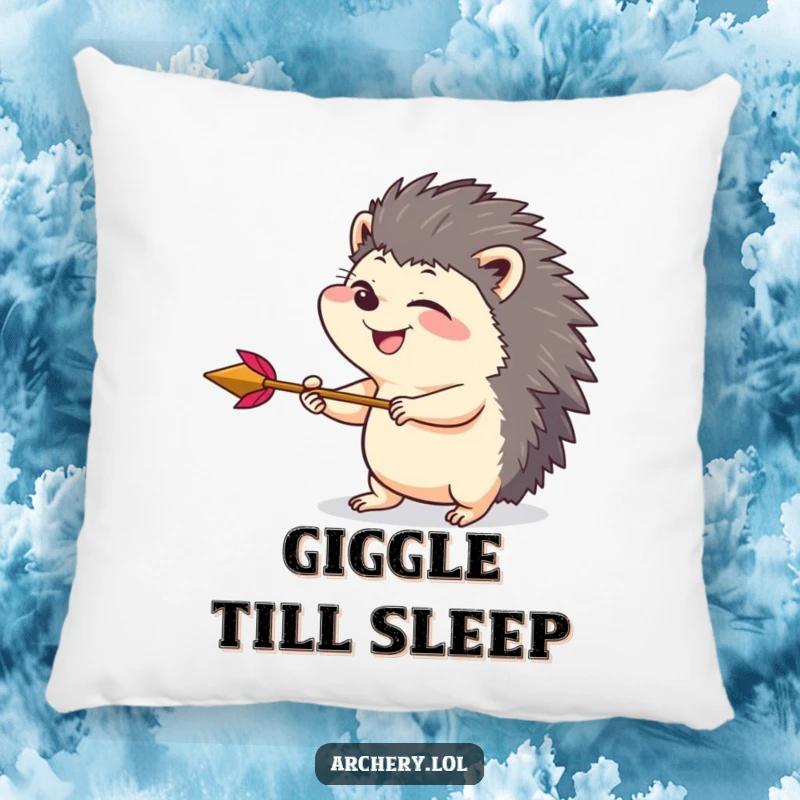 Funny pillow featuring a giggling hedgehog drawing back an arrow with playful intensity, offering soft comfort and a touch of whimsical humor.