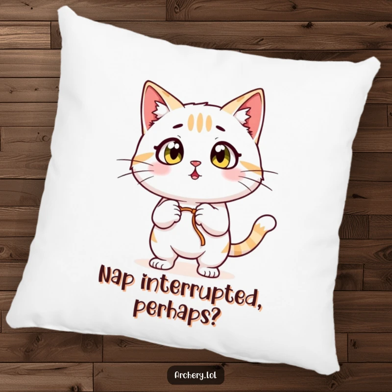 Funny Surprised Cat Pillow: A wide-eyed cat pulling back a bowstring, captured on a cozy pillow for ultimate comfort and laughs.