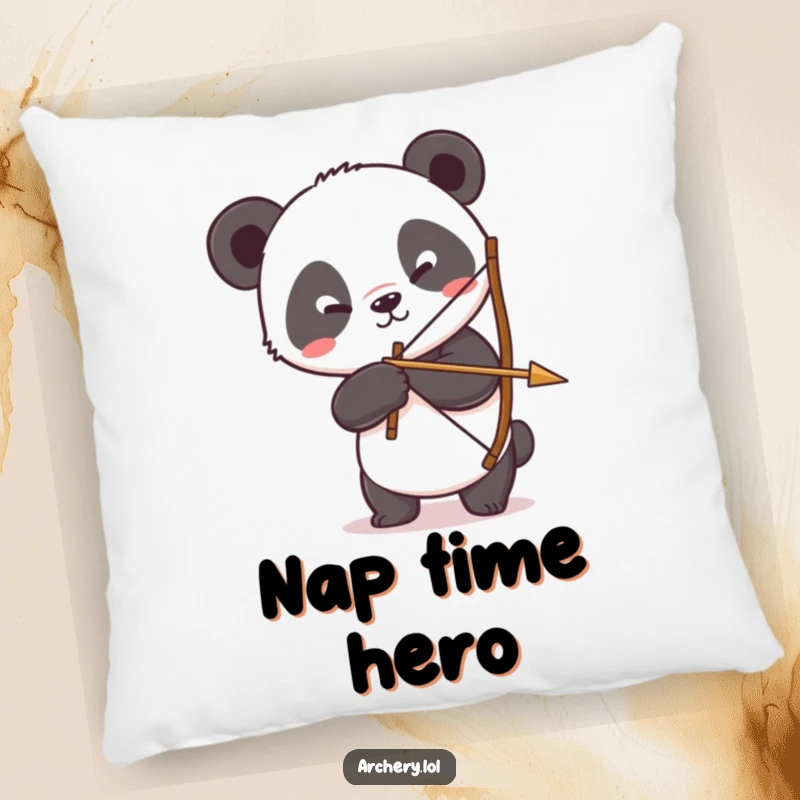 Funny Panda Archer Pillow: A silly panda attempts to hold a bow and arrow, adding humorous comfort to decor.