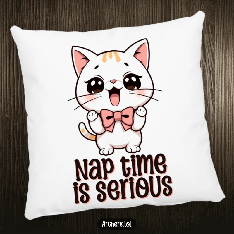 Funny pillow featuring a determined cat with stern whiskers, intensely drawing back a small bow.