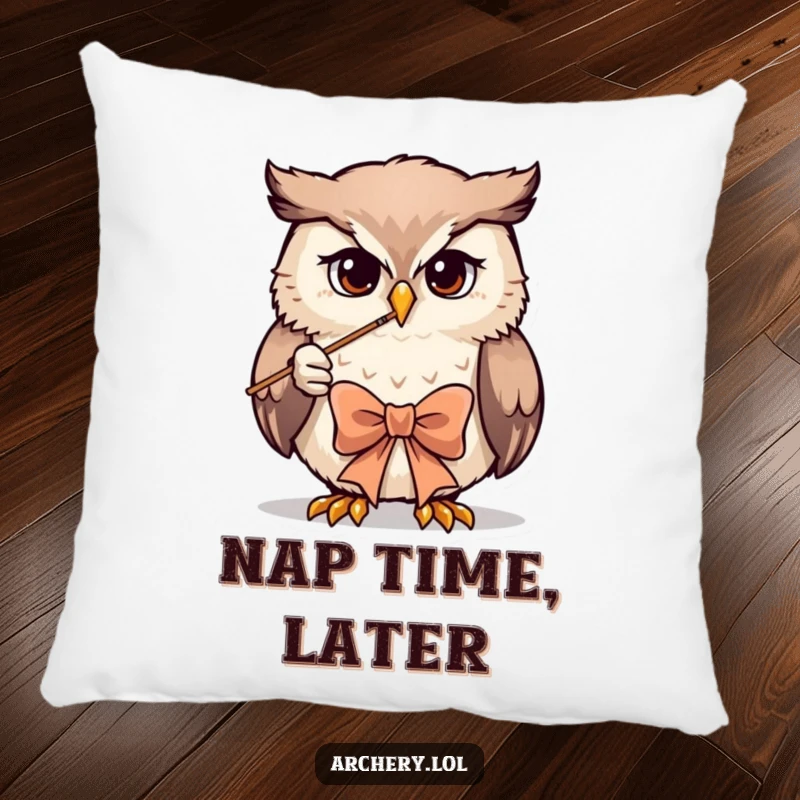 Funny owl archer pillow featuring a determined owl drawing a bow, offering comfort and humor.