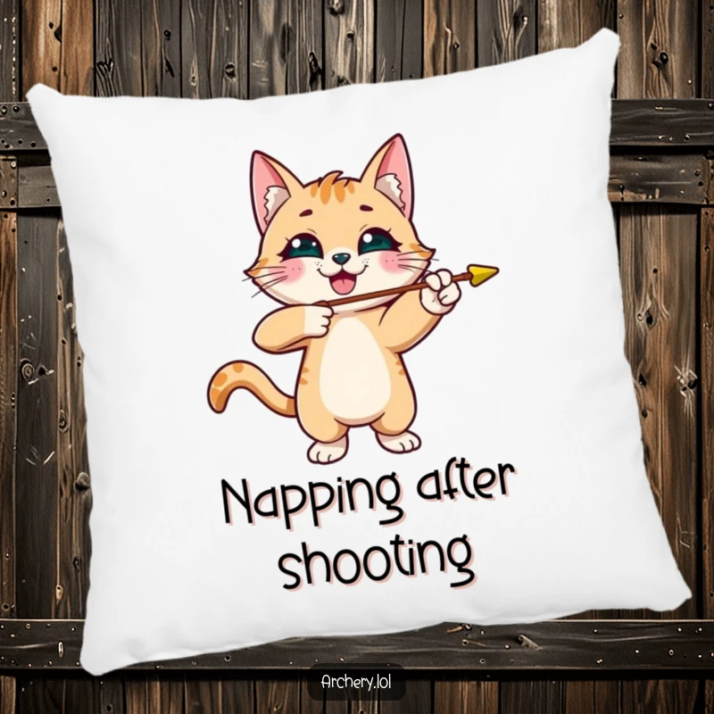 Funny cat archer pillow with a smiling cat aiming an arrow, soft and humorous decorative gift.