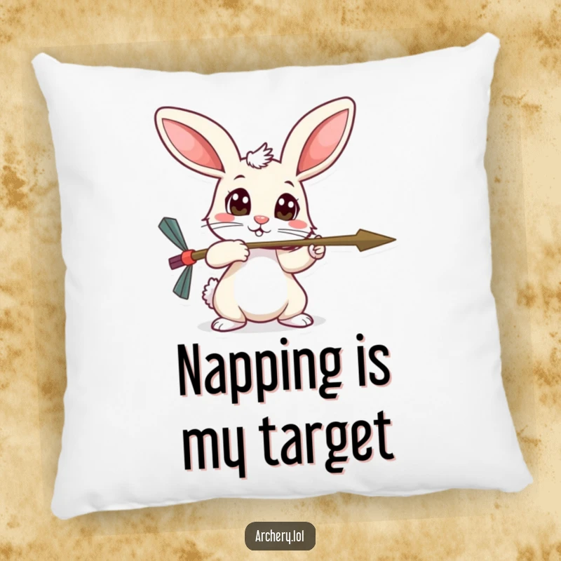 Funny timid rabbit pillow, wide curious eyes, aiming an arrow gently, soft and decorative for your home.