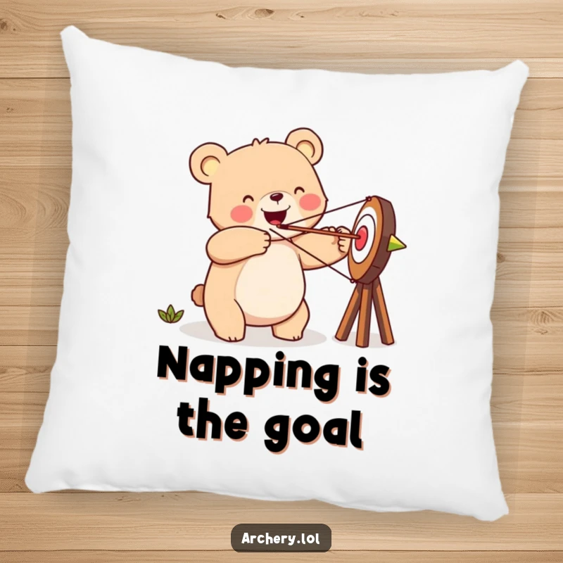 Funny happy bear pillow, aiming an arrow at a target with a happy face, soft and decorative.