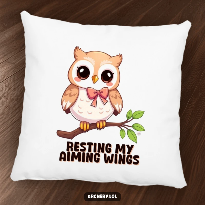Funny pillow featuring a playful owl perched on a branch with a bow, providing cozy humor and a touch of archery fun.