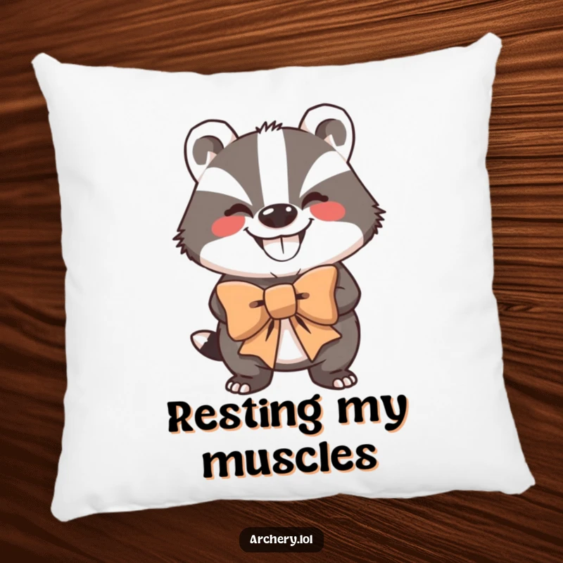 Funny Pillow: A grinning badger holding a large bow, looking strong and providing cozy comfort.