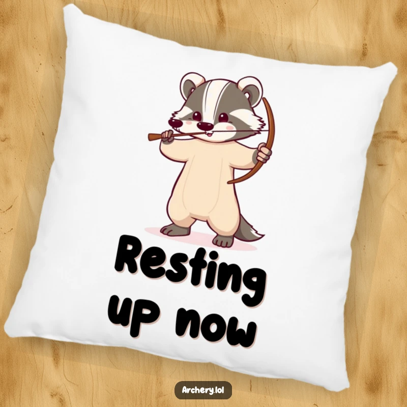 Funny badger pillow with a determined badger holding a drawn bow, adding a tough and humorous touch to decor.