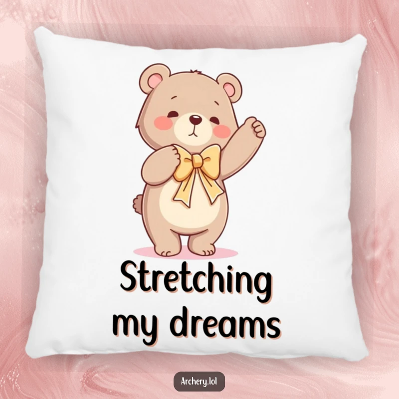 Funny pillow featuring a dancing bear hilariously struggling to draw a giant bow, offering a comical and comfortable accent.