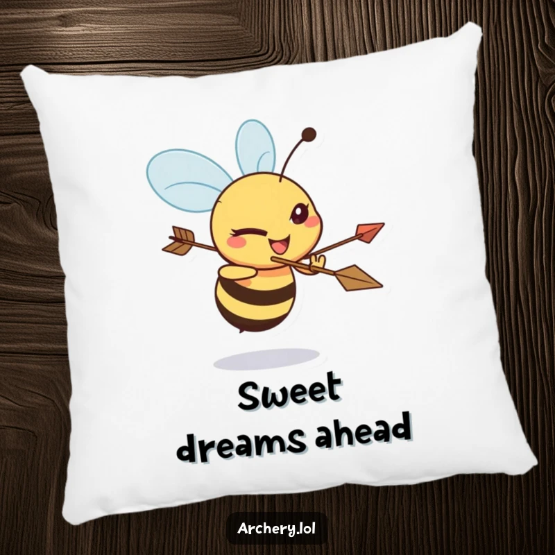 Funny Bee Archer Pillow: A cute, determined bee is shown aiming a bow and arrow, adding humor to soft decor.