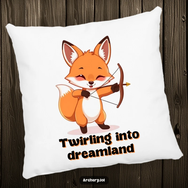 Funny playful fox pillow, twirling a bow and arrow with a sly smile, soft accent cushion.