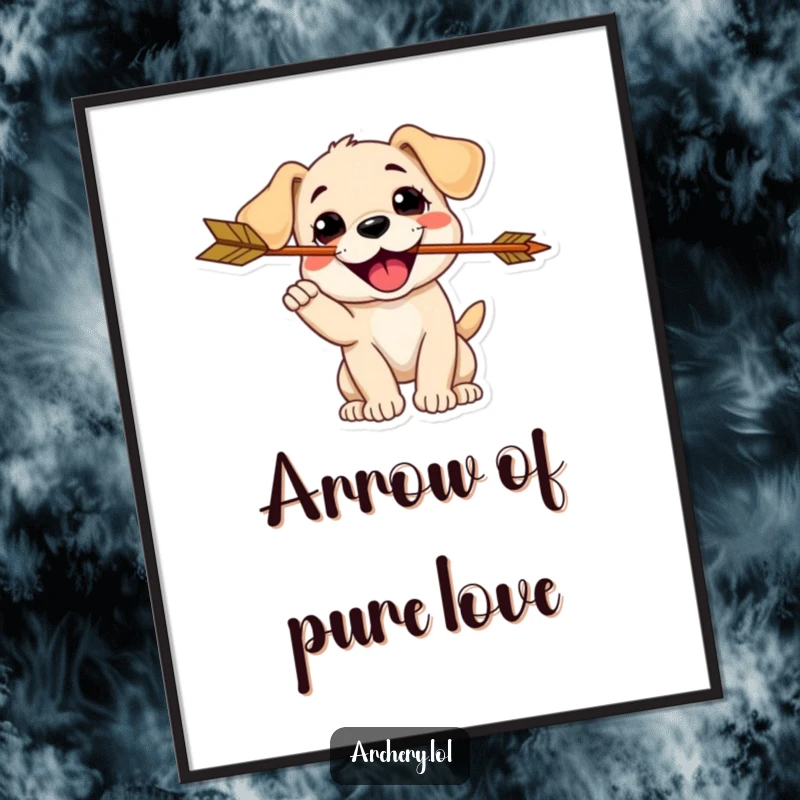 Funny Puppy Archer Digital Art: A delighted puppy catches an arrow, offering cute and humorous wall art.