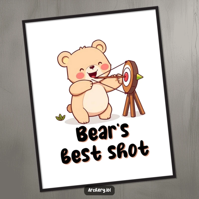 Funny happy bear digital art print, aiming an arrow at a target with a smile, cheerful decor.
