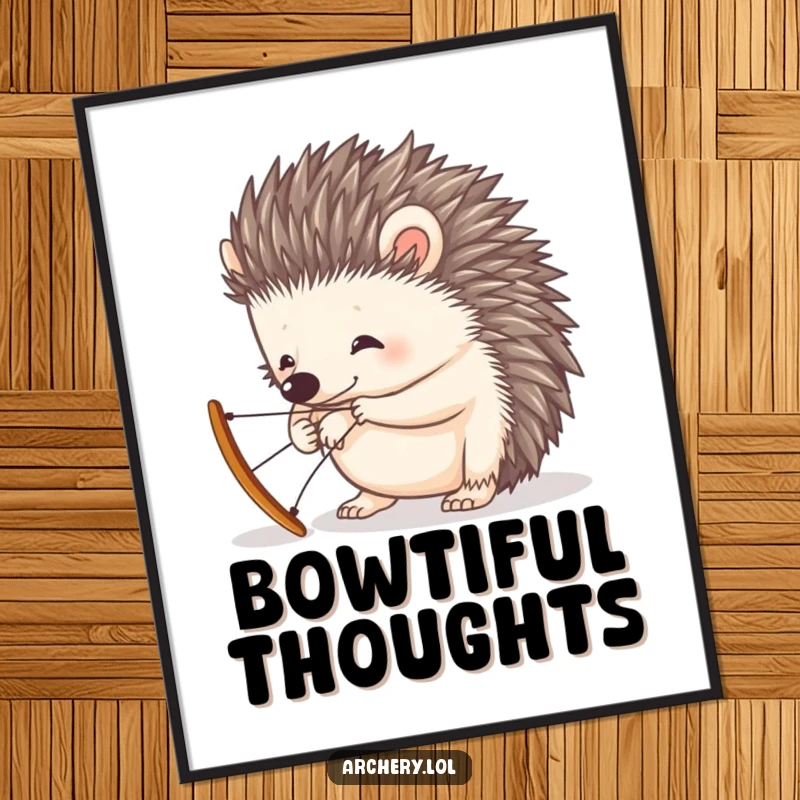 Funny digital art print of a curious hedgehog diligently trying to string a tiny, intricate bow, full of personality.