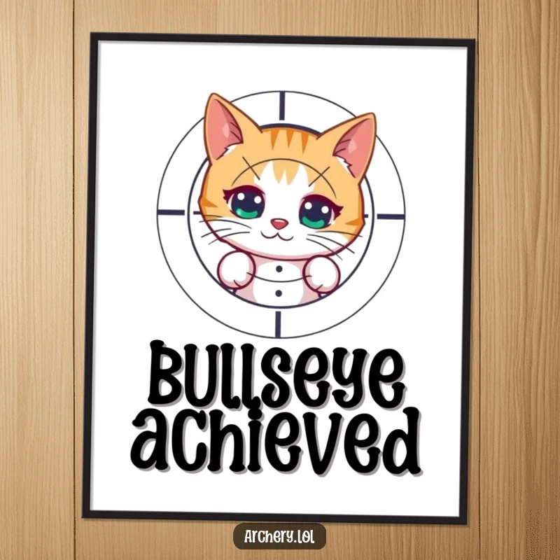 Funny digital art print of a curious cat peeking from behind a target after shooting. Instant download for humorous decor.