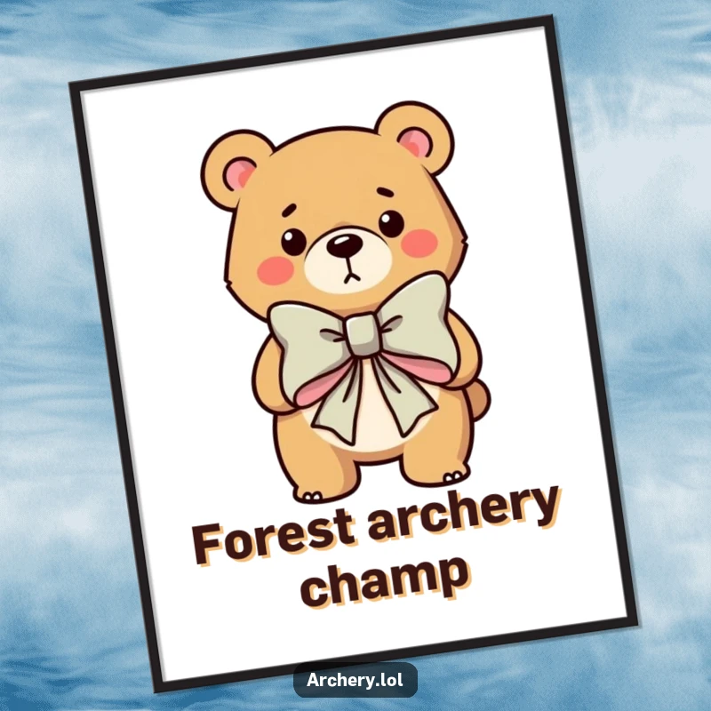 Funny digital art of a determined bear character aiming a large bow and arrow, capturing an action pose with humorous detail for prints.