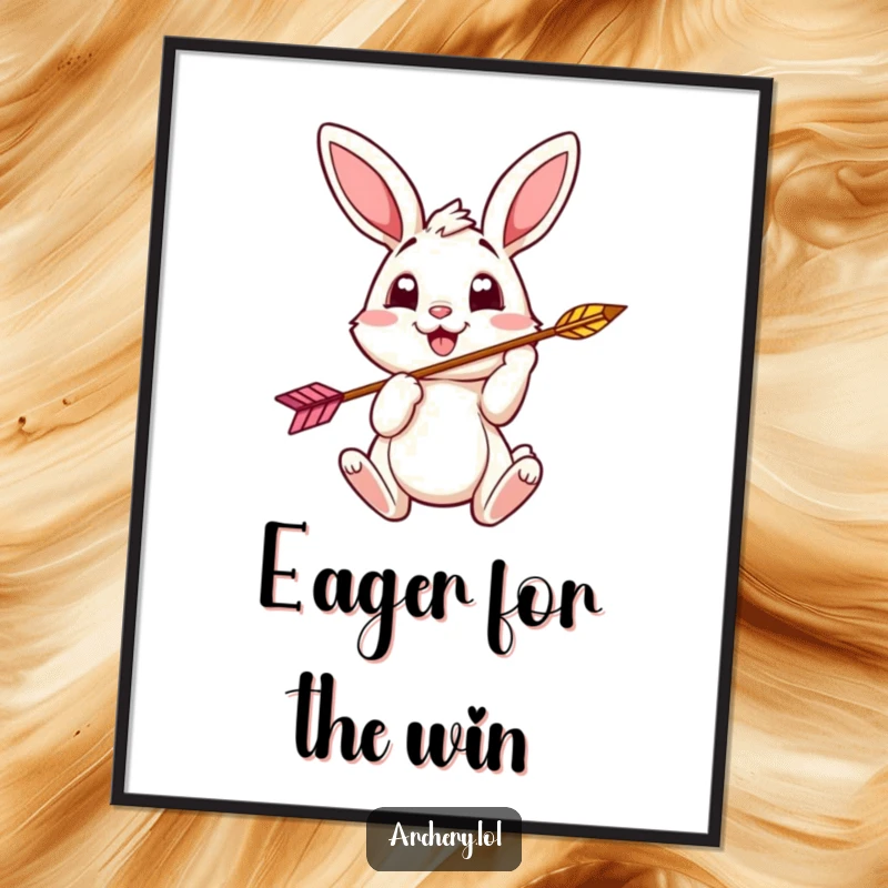 Funny bunny archer digital art print showing a cheerful bunny with eager eyes nocking an arrow.
