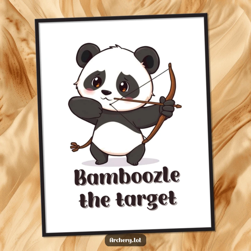 Funny digital art print of a determined panda drawing its bow with a focused gaze, perfect for humorous wall decor.