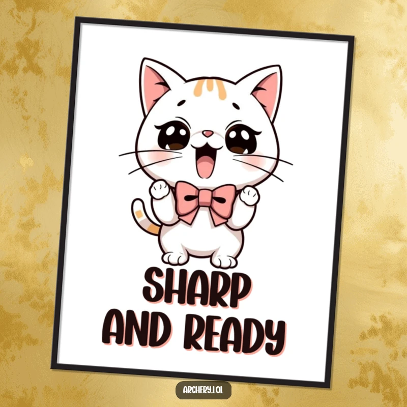 Funny digital art print of a determined cat with focused whiskers, expertly drawing a bow.