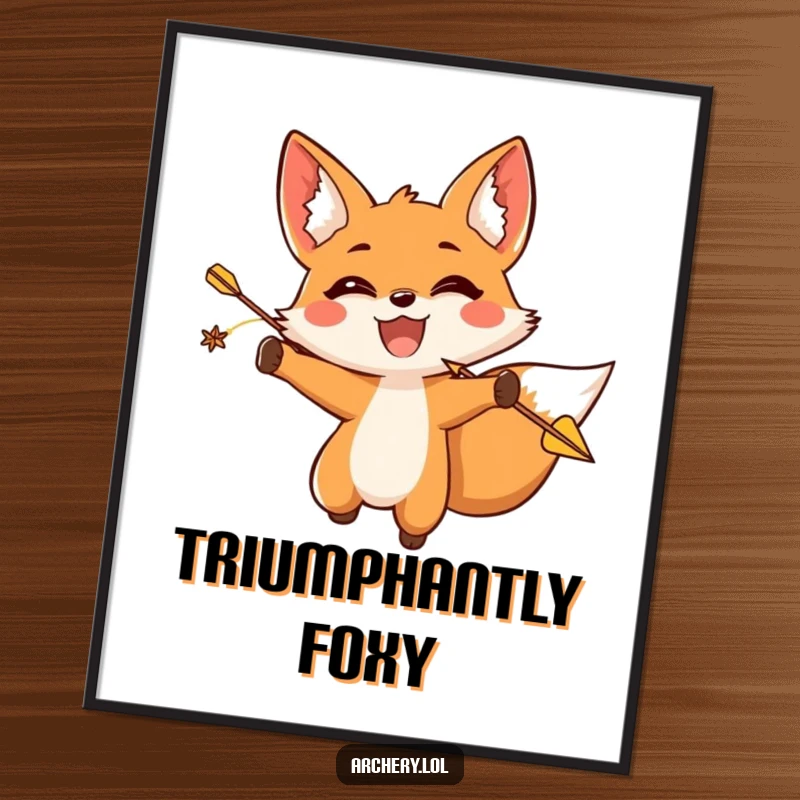 Funny fox archer digital art print showing a happy fox with a triumphant expression releasing an arrow.