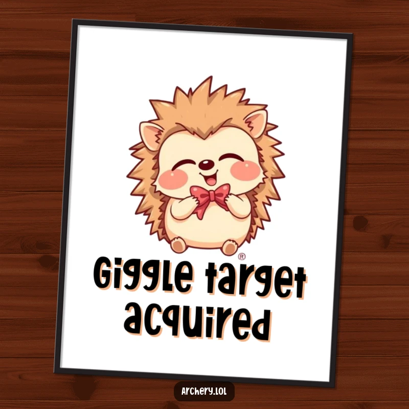 Funny Digital Art Print of a giggling hedgehog holding a bow, capturing infectious joy and archery spirit.