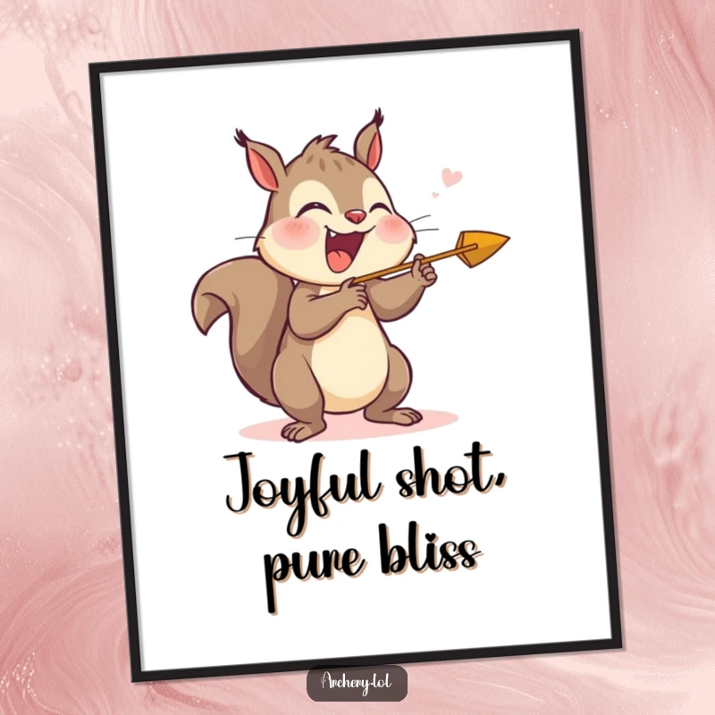 Funny digital art print of a giggling squirrel releasing an arrow with pure joy, a hilarious and instant decor piece.